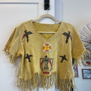 Vintage 90s Aztec Eagle Sun Fringe Crop Top with Embroidered Design
